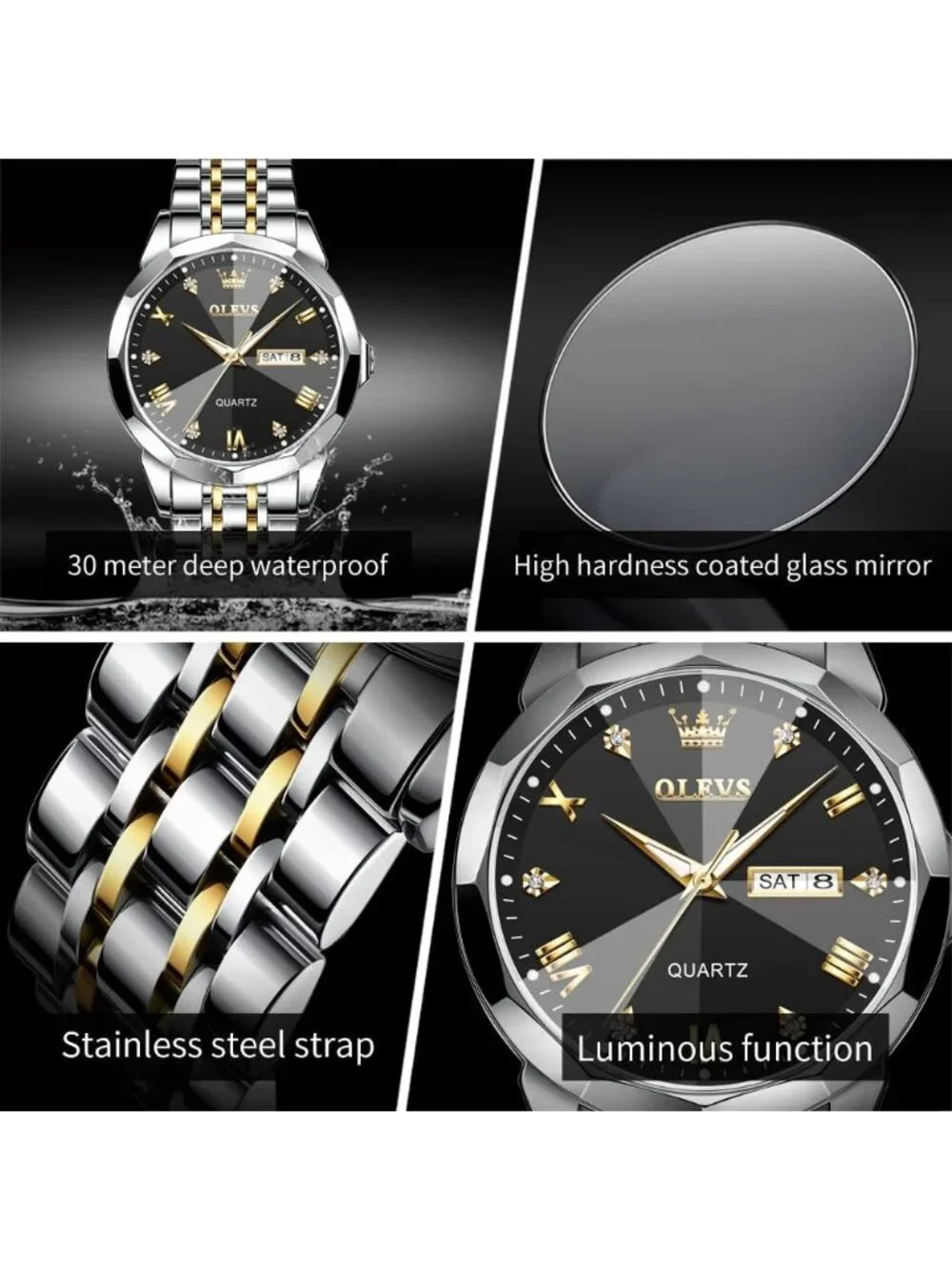 Men's Silver Black Stainless Steel Analog Quartz Diamond Waterproof Luxury Watch
